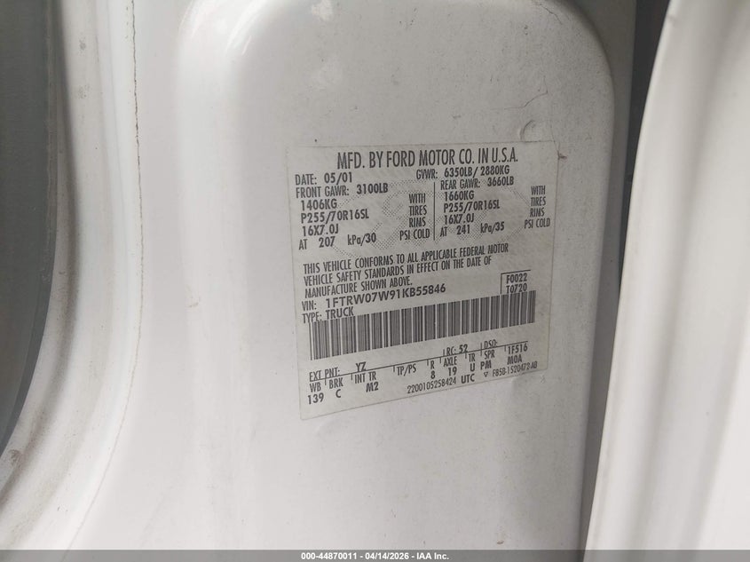 2001 Ford F-150 Harley-Davidson Edition/King Ranch Edition/Lariat/Xlt VIN: 1FTRW07W91KB55846 Lot: 44870011