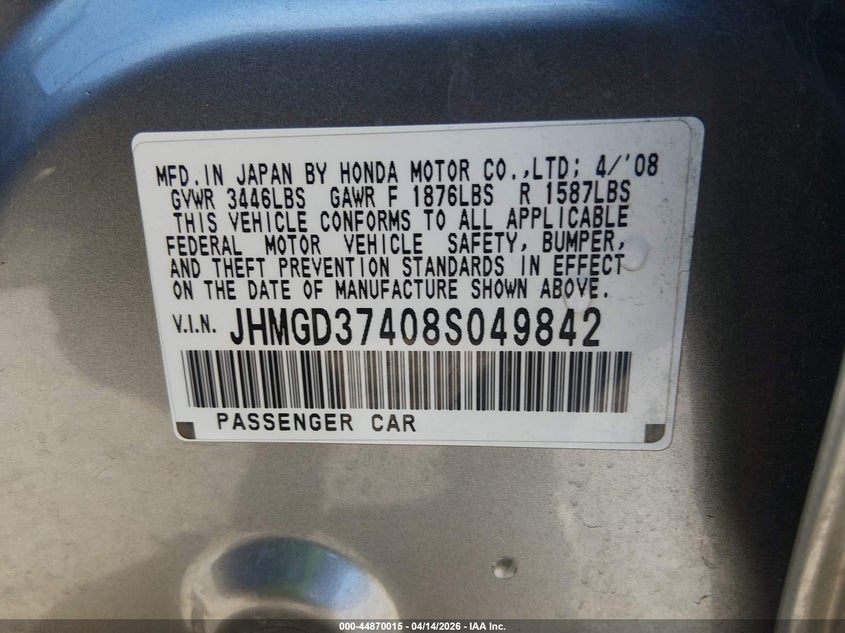 2008 Honda Fit VIN: JHMGD37408S049842 Lot: 44870015