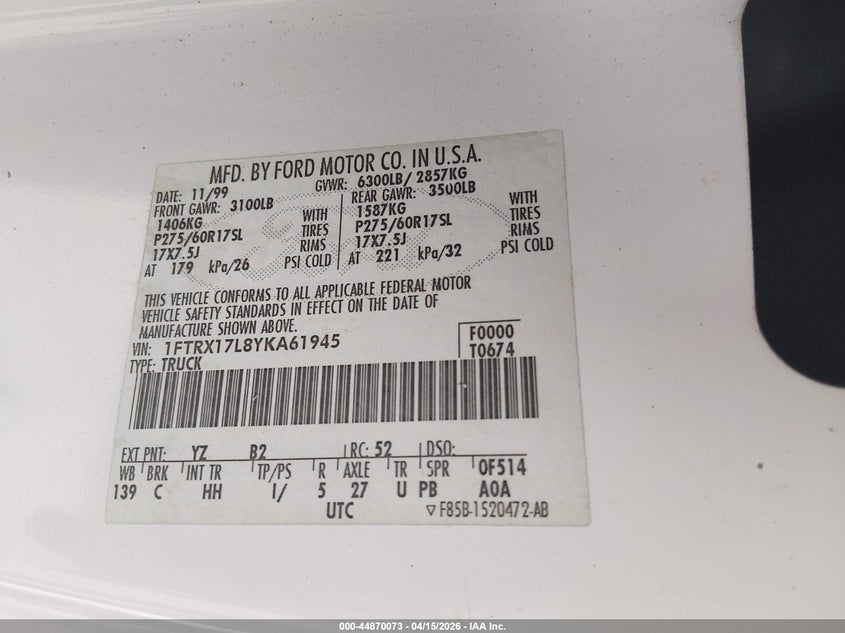 2000 Ford F-150 Lariat/Work Series/Xl/Xlt VIN: 1FTRX17L8YKA61945 Lot: 44870073