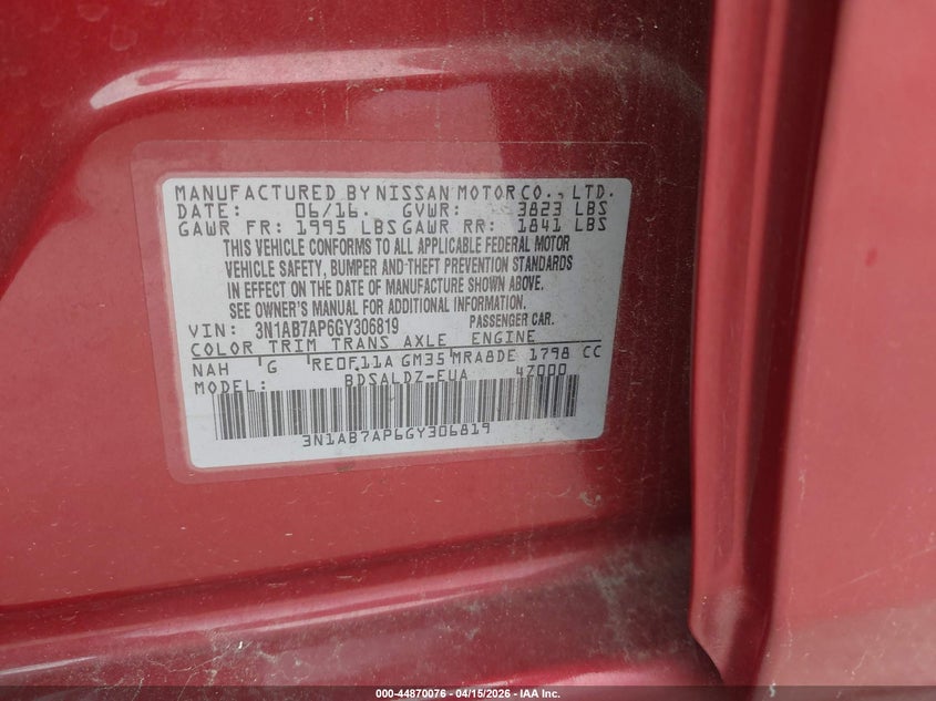 2016 Nissan Sentra Sv VIN: 3N1AB7AP6GY306819 Lot: 44870076