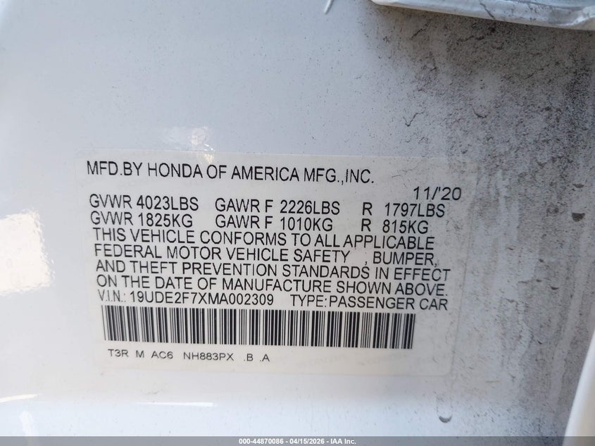 2021 Acura Ilx Premium Package/Technology Package VIN: 19UDE2F7XMA002309 Lot: 44870086