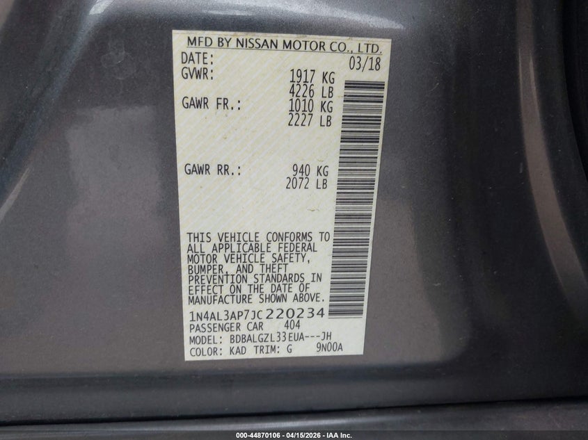 2018 Nissan Altima 2.5 S VIN: 1N4AL3AP7JC220234 Lot: 44870106