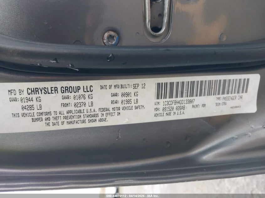 2013 Dodge Dart VIN: IC3CDFBH4DD133807 Lot: 44870112