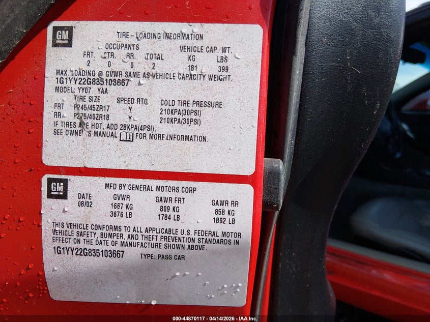 2003 Chevrolet Corvette VIN: 1G1YY22G835103667 Lot: 44870117