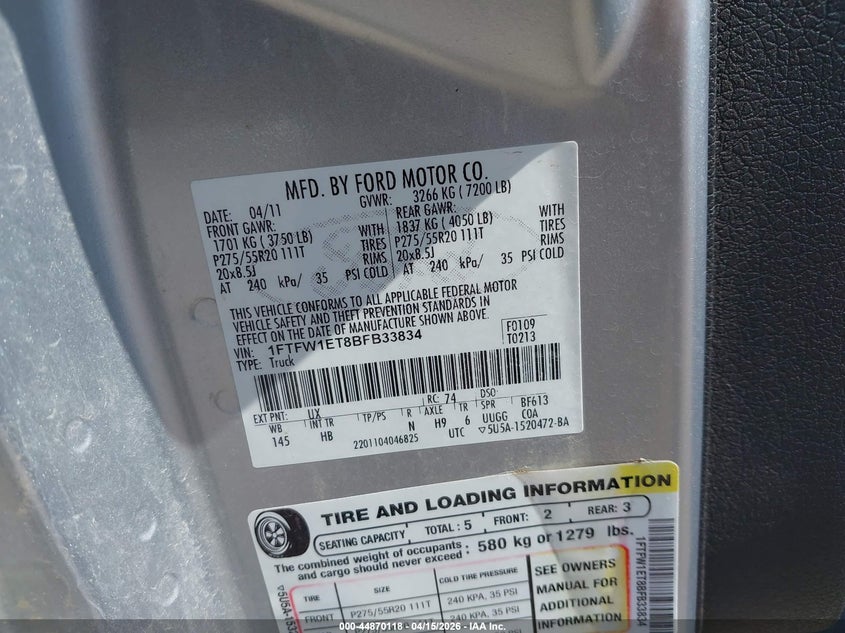 2011 Ford F-150 Lariat VIN: 1FTFW1ET8BFB33834 Lot: 44870118