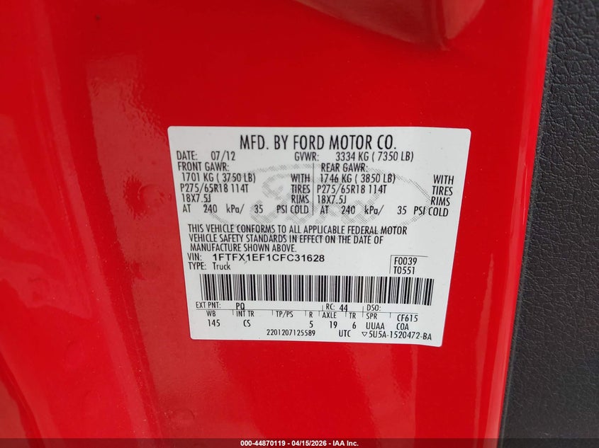 2012 Ford F-150 Stx VIN: 1FTFX1EF1CFC31628 Lot: 44870119