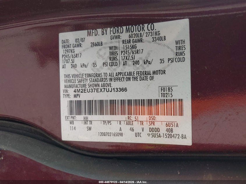 2007 Mercury Mountaineer VIN: 4M2EU37EX7UJ13366 Lot: 44870123