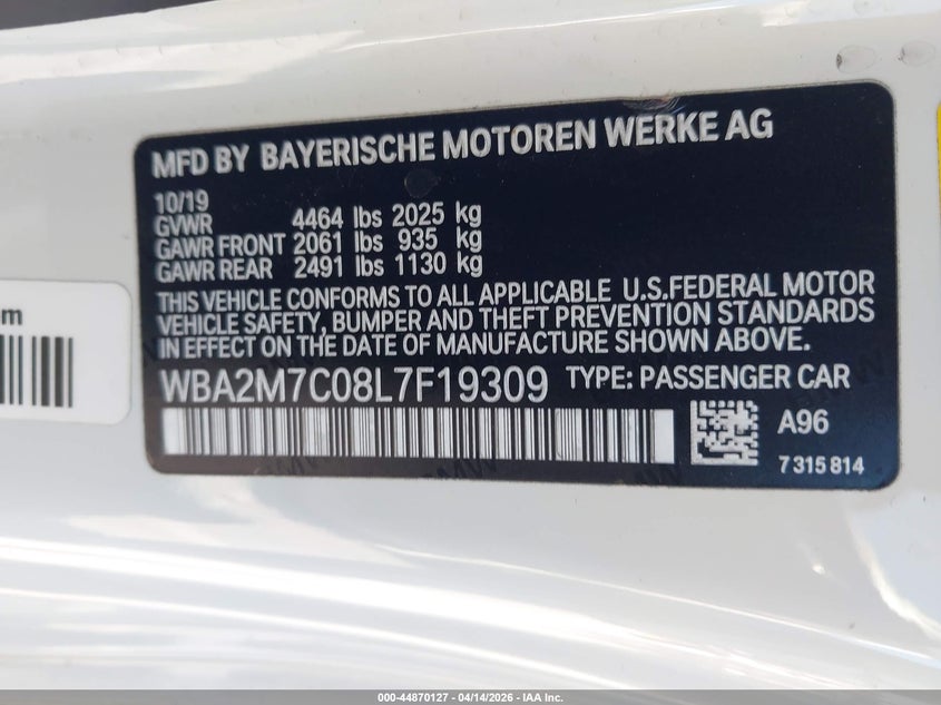 2020 BMW 230I VIN: WBA2M7C08L7F19309 Lot: 44870127