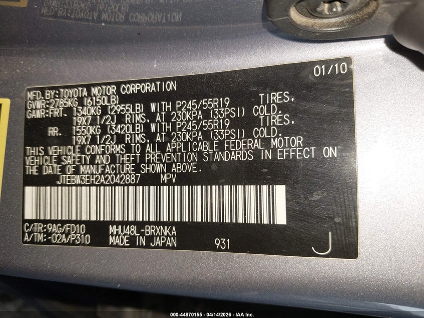 2010 Toyota Highlander Hybrid Base V6 VIN: JTEBW3EH2A2042887 Lot: 44870155