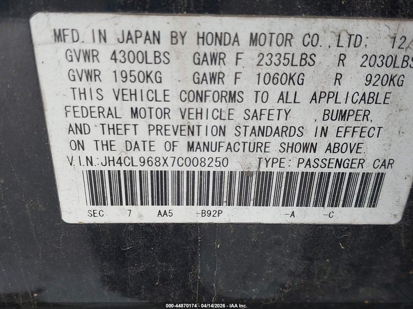 2007 Acura Tsx VIN: JH4CL968X7C008250 Lot: 44870174