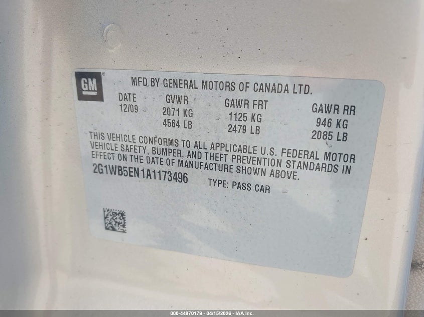 2010 Chevrolet Impala Lt VIN: 2G1WB5EN1A1173496 Lot: 44870179