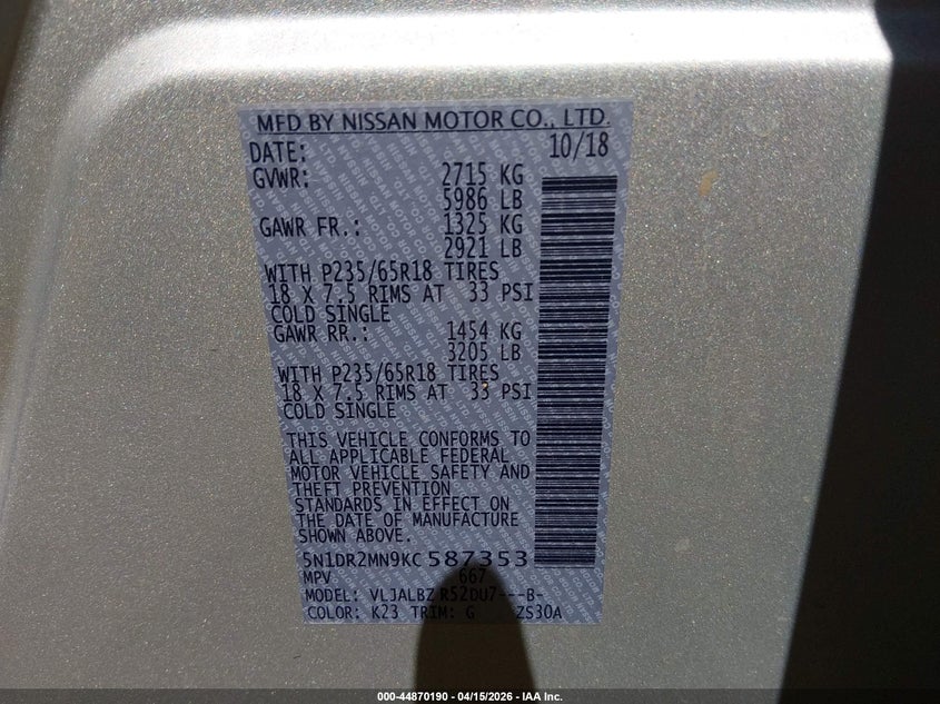 2019 Nissan Pathfinder S VIN: 5N1DR2MN9KC587353 Lot: 44870190