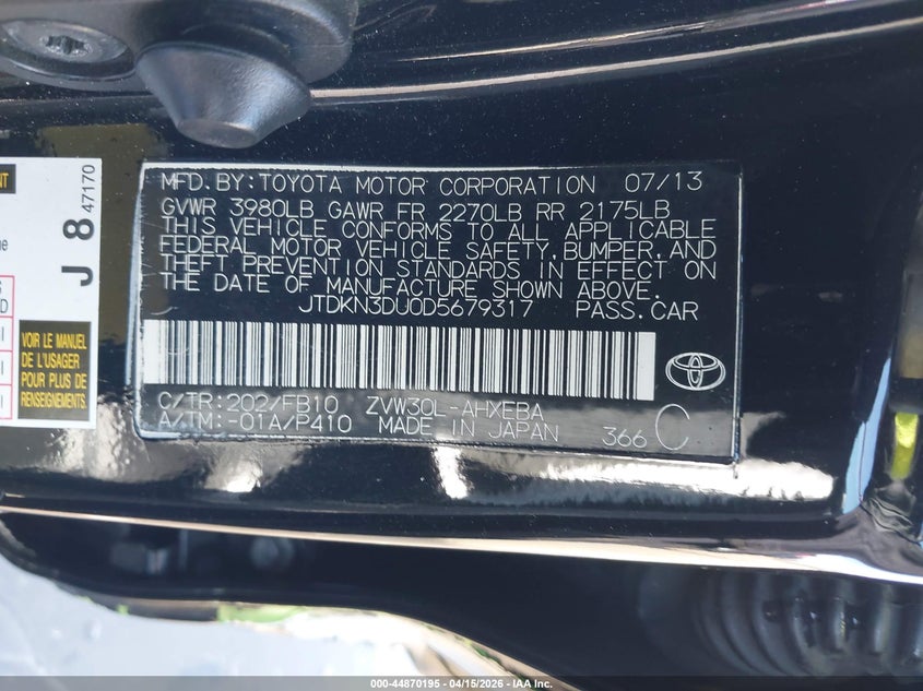 2013 Toyota Prius Three VIN: JTDKN3DU0D5679317 Lot: 44870195