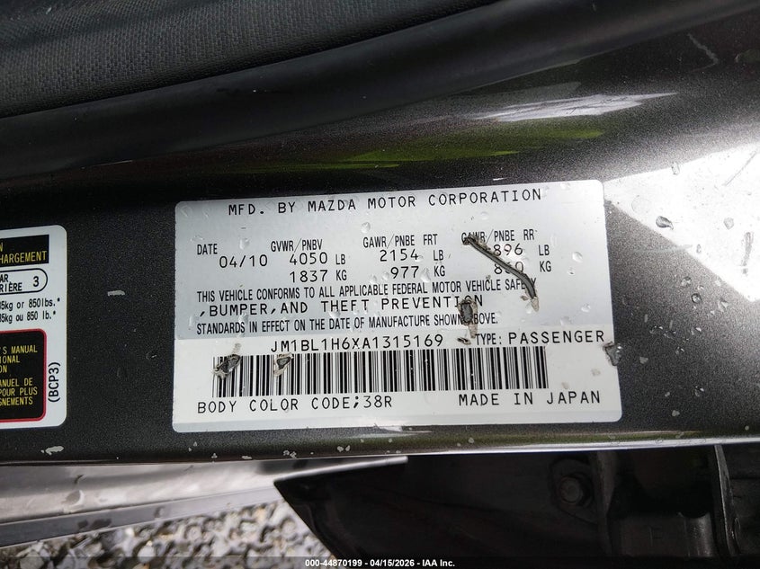 2010 Mazda Mazda3 S Sport VIN: JM1BL1H6XA1315169 Lot: 44870199