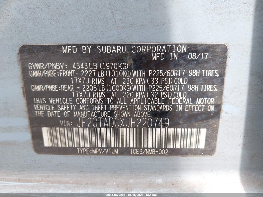 2018 Subaru Crosstrek 2.0I Premium VIN: JF2GTADCXJH220749 Lot: 44870205