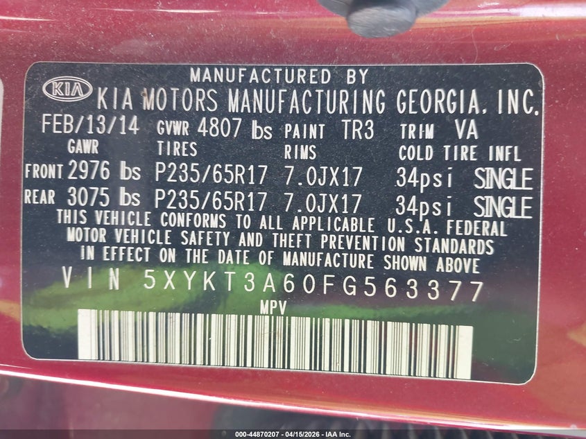 2015 Kia Sorento Lx VIN: 5XYKT3A60FG563377 Lot: 44870207