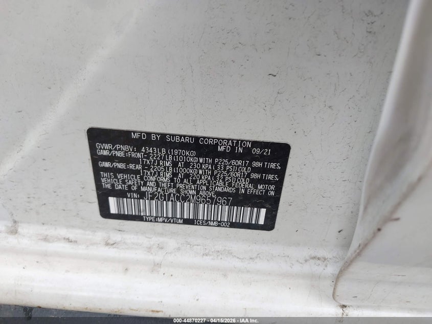 2021 Subaru Xv 2.0 Crosstrek Premium white Lot 111044870227 Vin JF2GTACC2M9657967