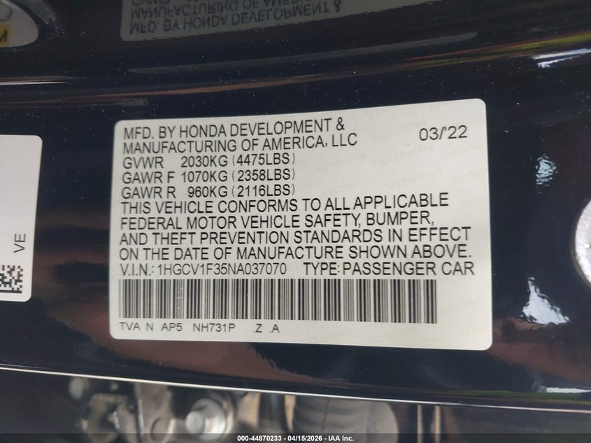 2022 Honda Accord Sport VIN: 1HGCV1F35NA037070 Lot: 44870233