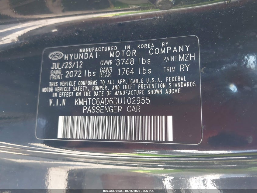 2013 Hyundai Veloster Base W/Black VIN: KMHTC6AD6DU102955 Lot: 44870244