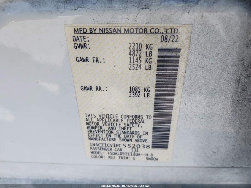 2023 Nissan Leaf Sv Plus 60 Kwh VIN: 1N4CZ1CV1PC552038 Lot: 44870246