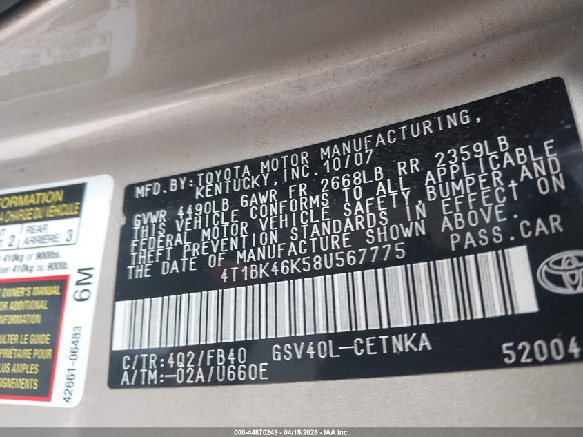 2008 Toyota Camry Le V6 VIN: 4T1BK46K58U567775 Lot: 44870249