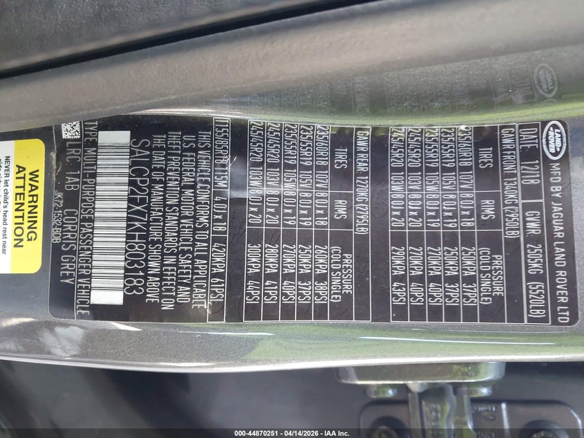 2019 Land Rover Discovery Sport Se VIN: SALCP2FX7KH803183 Lot: 44870251