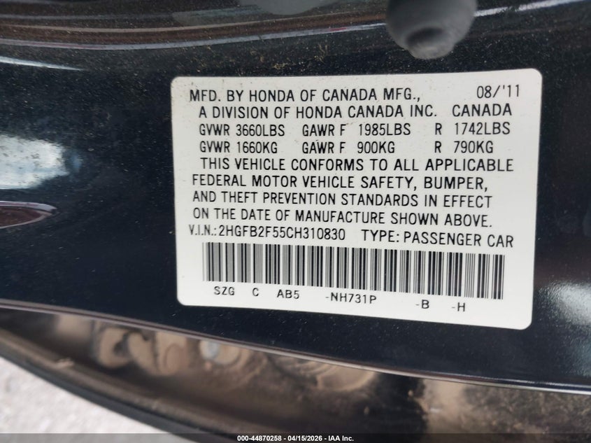 2012 Honda Civic 1.8 Lx black Lot 111044870258 Vin 2HGFB2F55CH310830