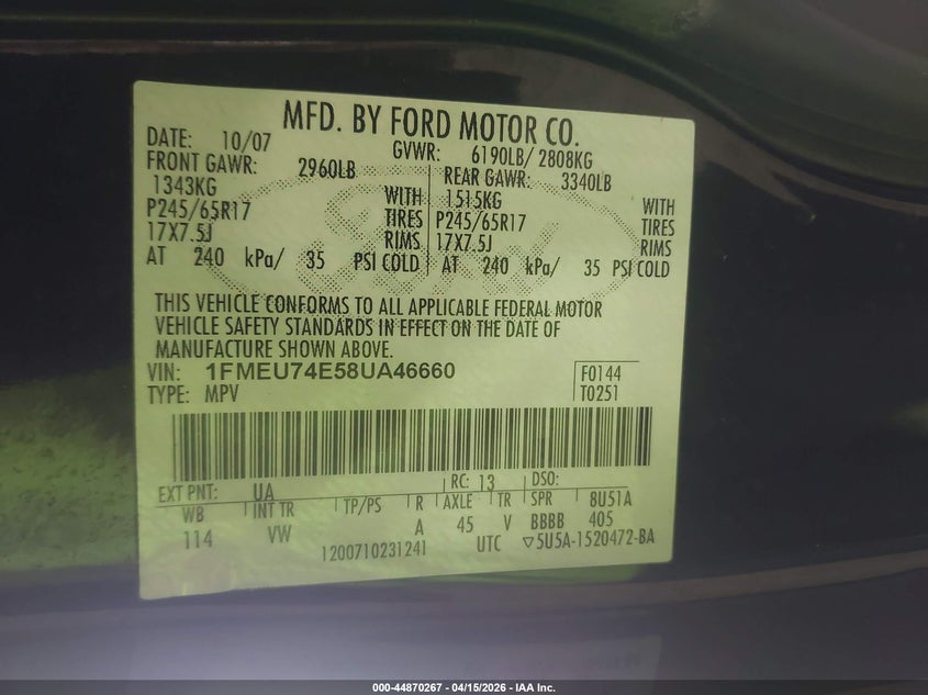 2008 Ford Explorer Eddie Bauer VIN: 1FMEU74E58UA46660 Lot: 44870267