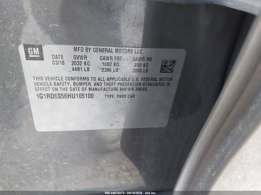 2017 Chevrolet Volt Premier VIN: 1G1RD6S56HU105100 Lot: 44870273