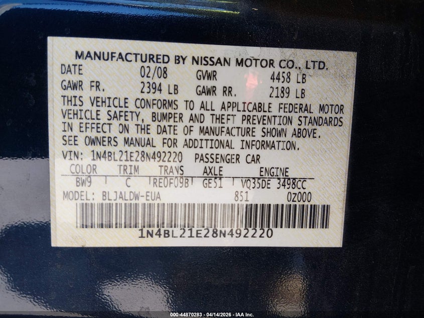 2008 Nissan Altima 3.5 Se VIN: 1N4BL21E28N492220 Lot: 44870283