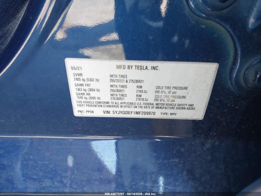 2021 Tesla Model Y Performance Dual Motor All-Wheel Drive VIN: 5YJYGDEF1MF209970 Lot: 44870297