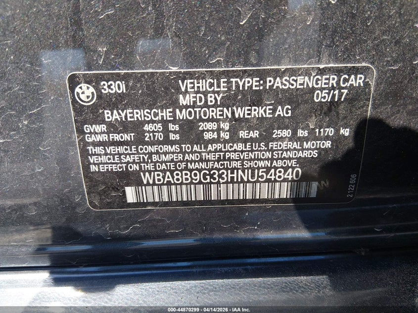2017 BMW 330I VIN: WBA8B9G33HNU54840 Lot: 44870299