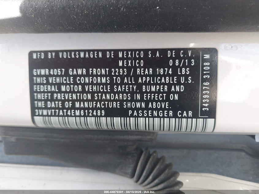 2014 Volkswagen Beetle 2.0T R-Line VIN: 3VWVT7AT4EM612489 Lot: 44870301