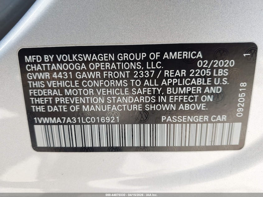 2020 Volkswagen Passat 2.0T R-Line VIN: 1VWMA7A31LC016921 Lot: 44870330