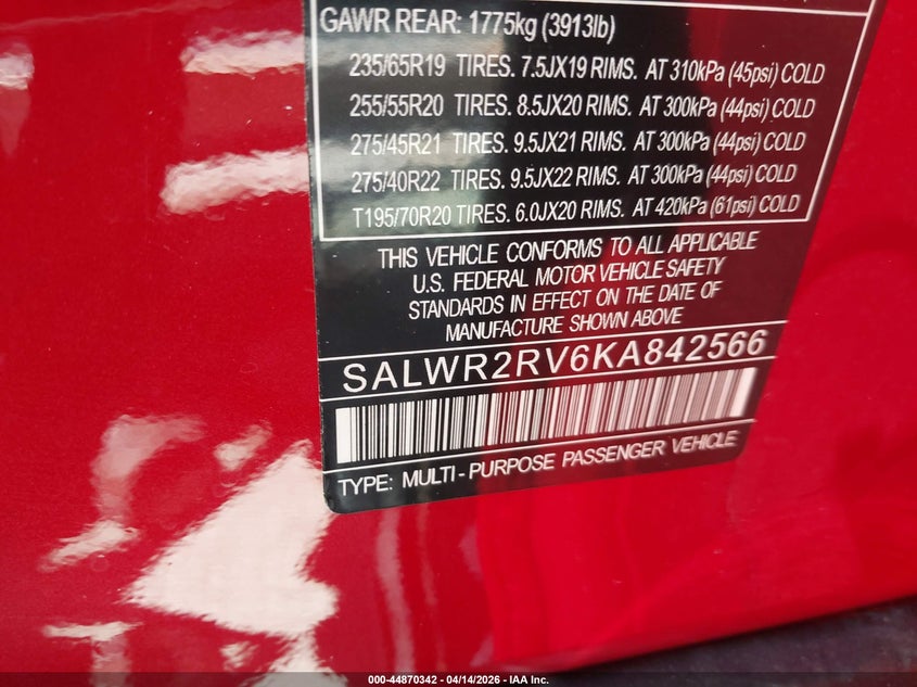 2019 Land Rover Range Rover Sport Hse VIN: SALWR2RV6KA842566 Lot: 44870342