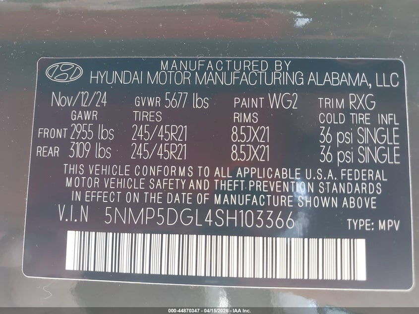 2025 Hyundai Santa Fe Calligraphy VIN: 5NMP5DGL4SH103366 Lot: 44870347