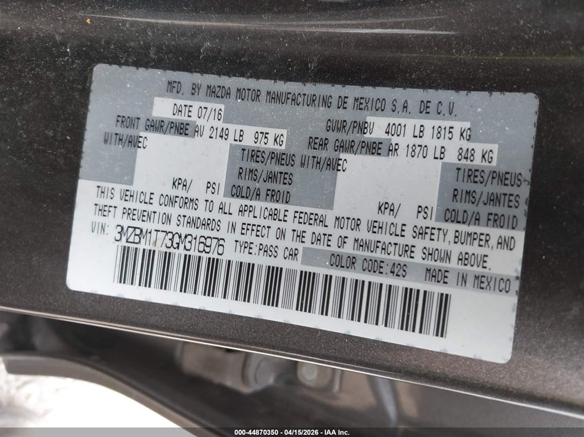 2016 Mazda Mazda3 I Sport VIN: 3MZBM1T73GM316976 Lot: 44870350