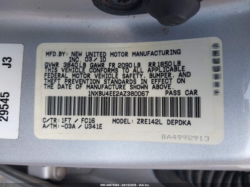 2010 Toyota Corolla Le VIN: 1NXBU4EE2AZ380067 Lot: 44870364