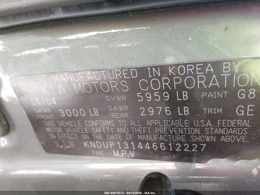 2004 Kia Sedona Ex/Lx VIN: KNDUP131446612227 Lot: 44870373