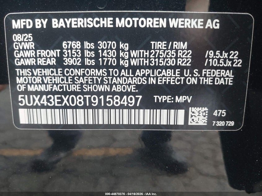2026 BMW X6 M60I VIN: 5UX43EX08T9158497 Lot: 44870376