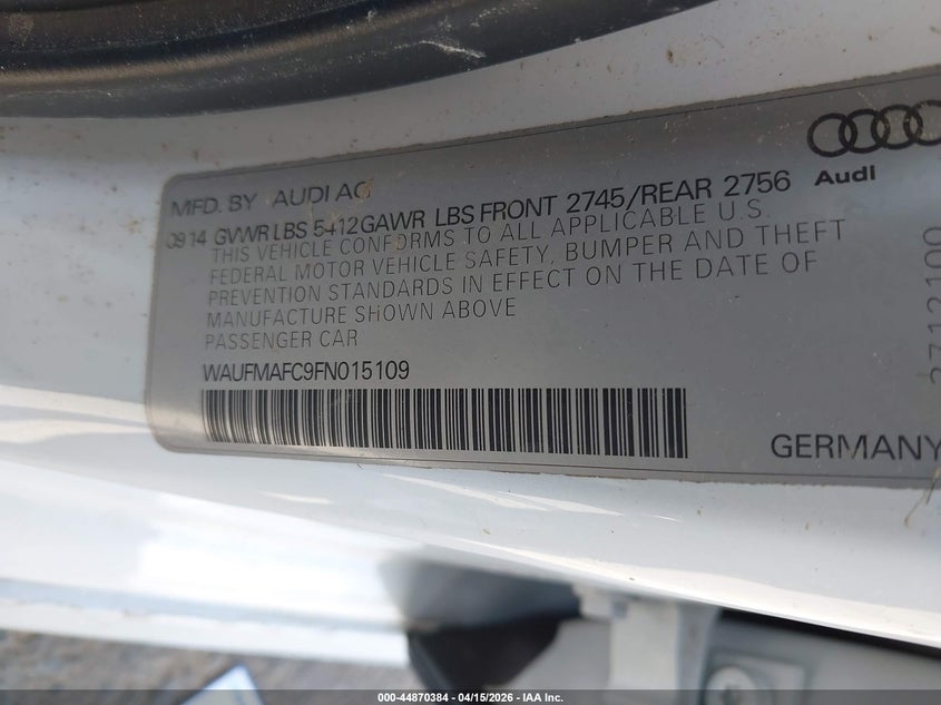 2015 Audi A6 3.0 Tdi Premium Plus VIN: WAUFMAFC9FN015109 Lot: 44870384