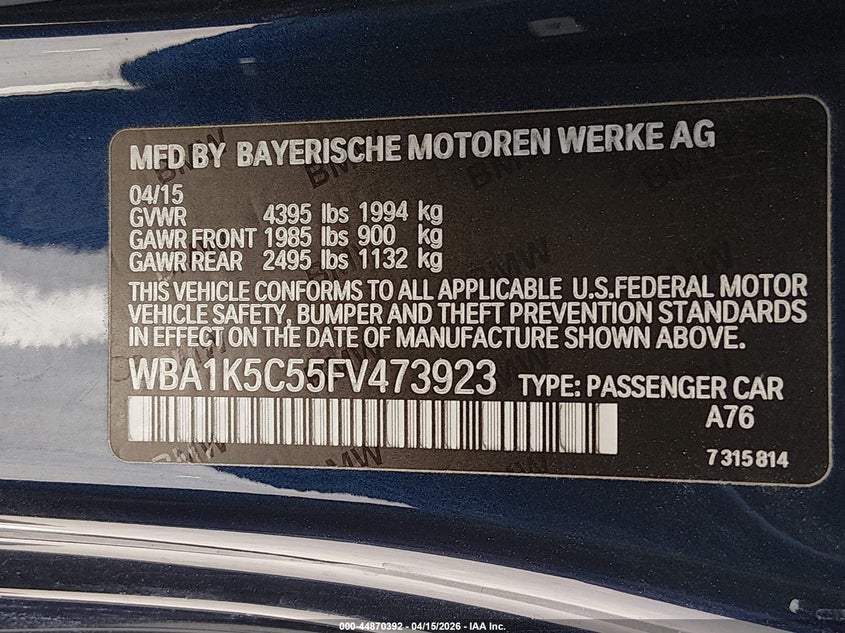 2015 BMW 2er 2.0 228I blue Lot 111044870392 Vin WBA1K5C55FV473923