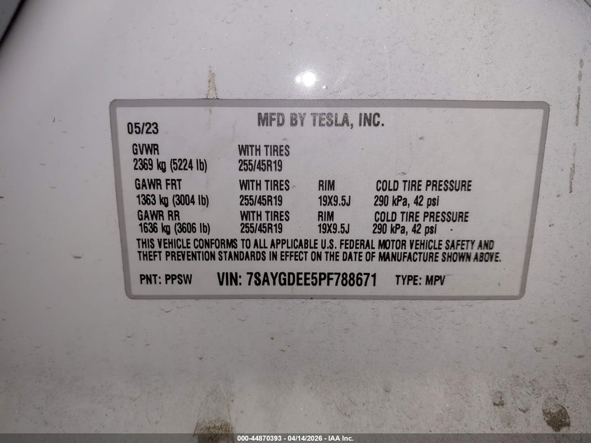 2023 Tesla Model y white Lot 111044870393 Vin 7SAYGDEE5PF788671