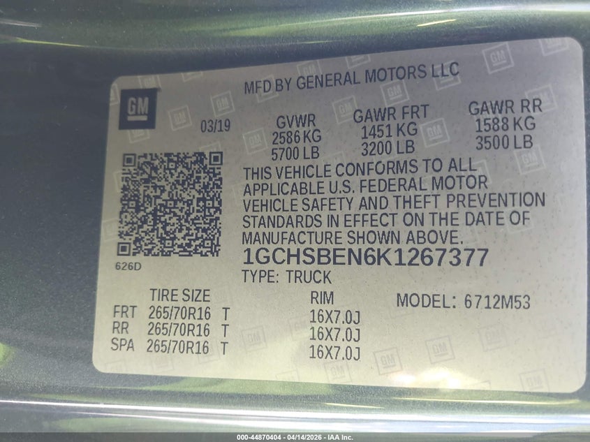 2019 Chevrolet Colorado Wt VIN: 1GCHSBEN6K1267377 Lot: 44870404