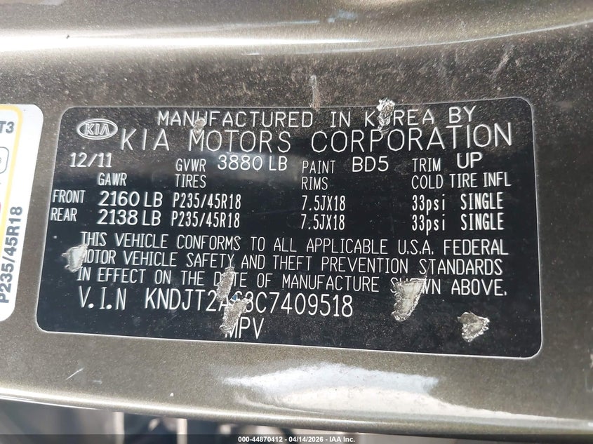 2012 Kia Soul ! VIN: KNDJT2A63C7409518 Lot: 44870412