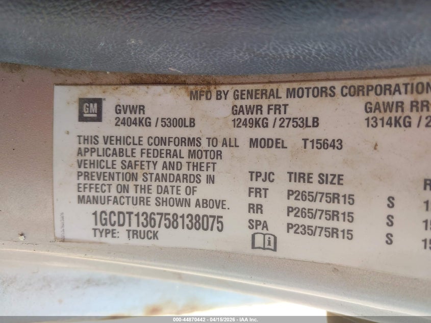 2005 Chevrolet Colorado Ls VIN: 1GCDT136758138075 Lot: 44870442