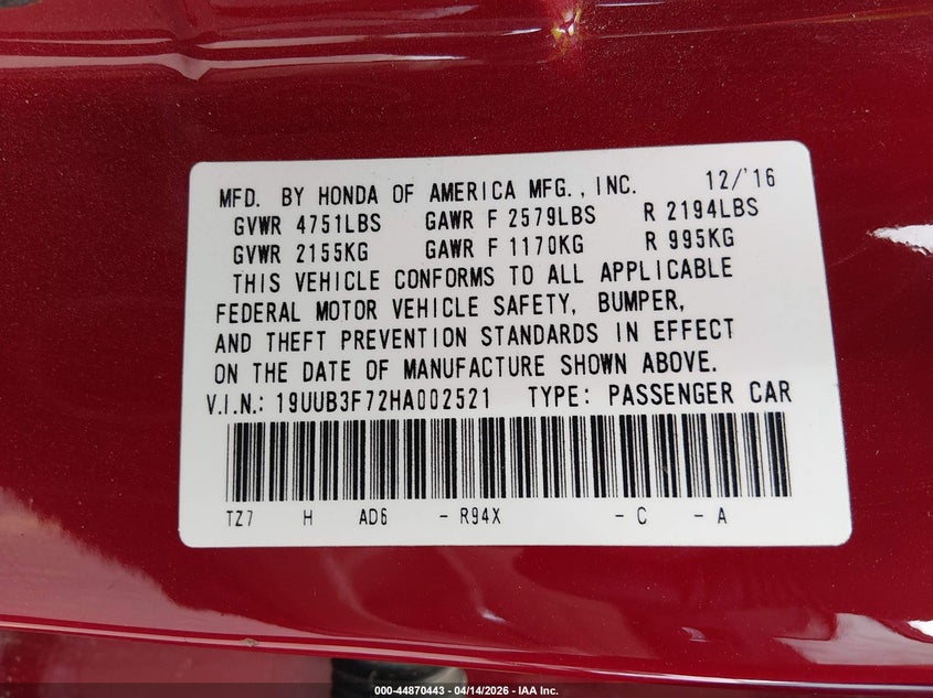 2017 Acura Tlx Advance Package VIN: 19UUB3F72HA002521 Lot: 44870443