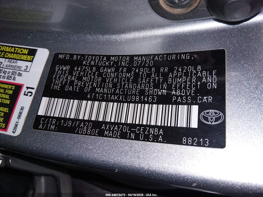 2020 Toyota Camry Le VIN: 4T1C11AKXLU981463 Lot: 44870470