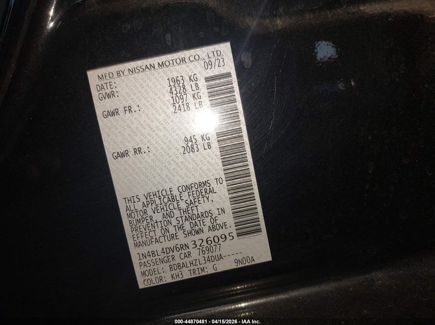 2024 Nissan Altima Sv Fwd VIN: 1N4BL4DV6RN326095 Lot: 44870481