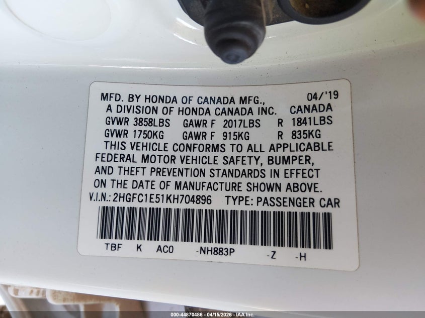 2019 Honda Civic Si VIN: 2HGFC1E51KH704896 Lot: 44870486